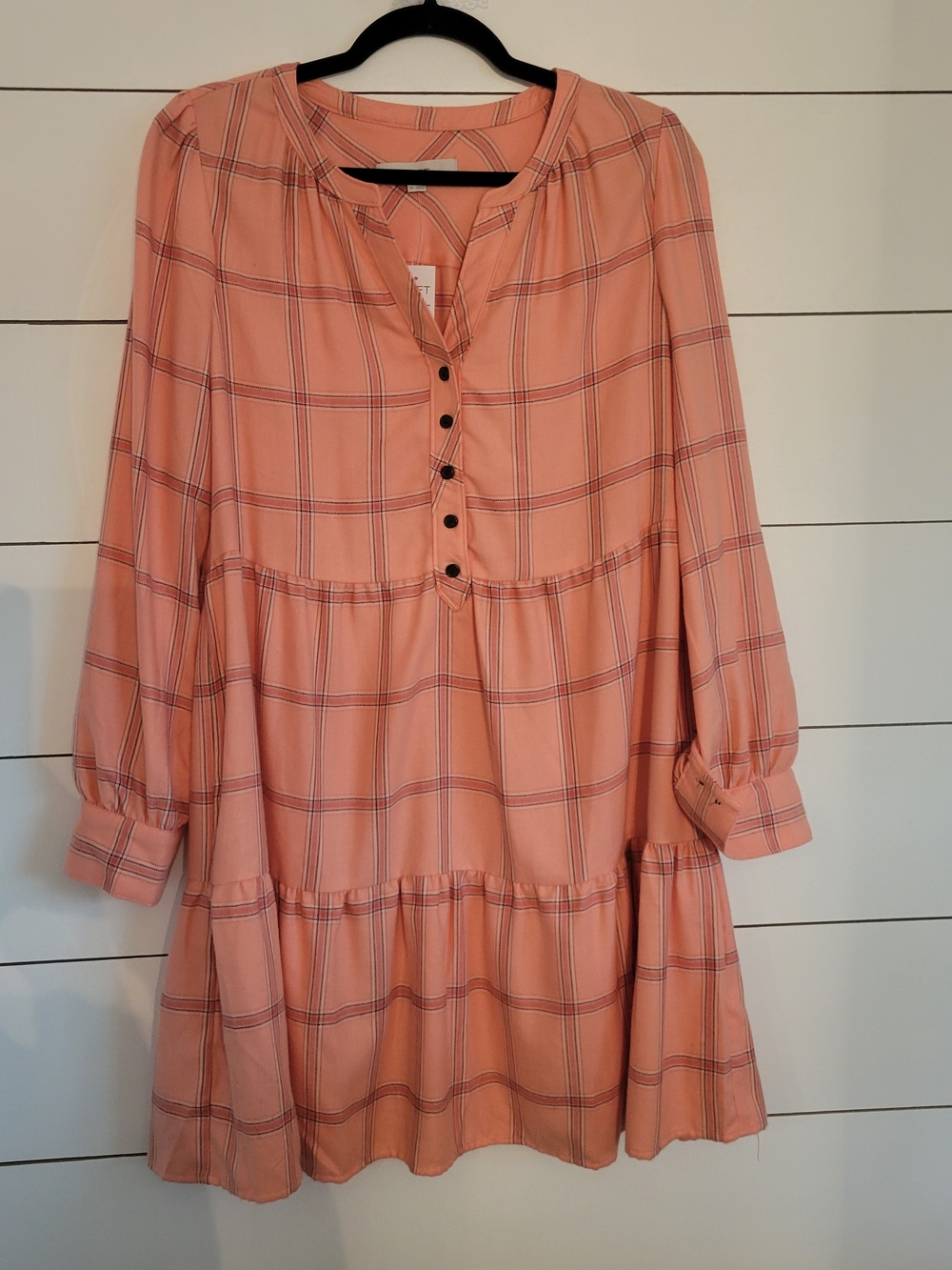 NWT Loft Peach Plaid Button-Front Tiered Women’s Dress Medium